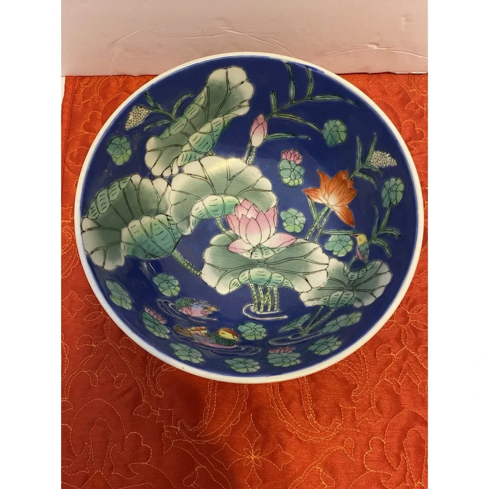 Chinese Bowl Blue Lily Pad Mandarin Birds Floral Pattern Porcelain~VINTAGE~1950s